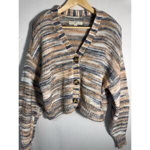 LOFT Striped Knit Cardigan Sweater Womens Medium Button Front Cropped